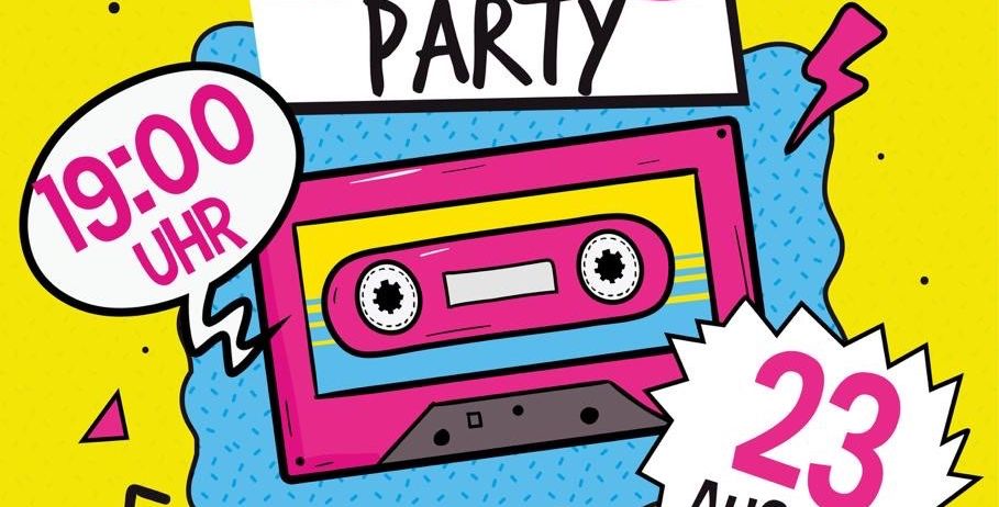 Plakat für eine 90er-Party um 19:00 Uhr am 23. August mit einer besonderen Darbietung von Robert Eberhardt. Das Design zeigt einen Kassettenrekorder und einen gelben Hintergrund.