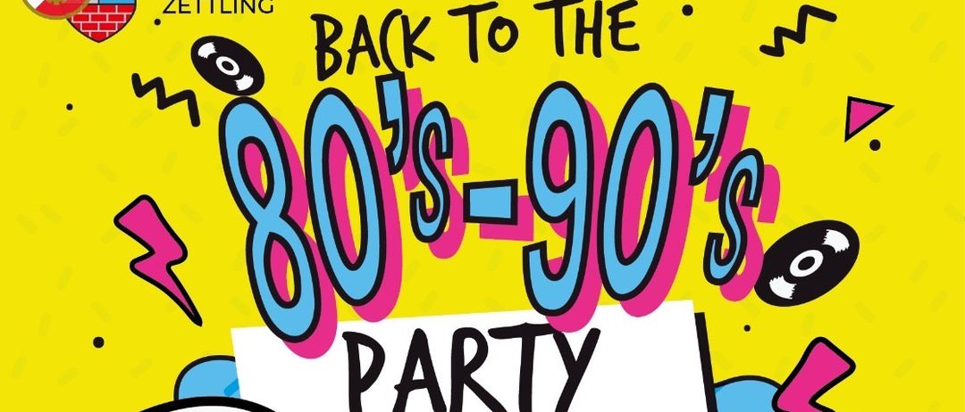 Ein farbenfrohes Plakat für eine 80er-90er Party mit einem rosa Kassettenband, Zeit 19:00, und Datum 8. August 2026. Sonderauftritt von Robert Eberhardt.