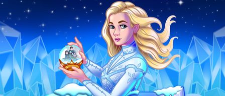 Eine Frau in einem weißen Kleid hält eine Schneekugel mit einer Szene darin. Der Titel lautet 'Schnee Königin' mit 'Das Musical' darunter. Der Hintergrund zeigt eine verschneite Landschaft.