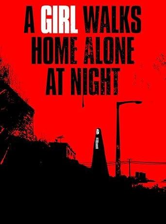 Ein Poster mit rotem Hintergrund zeigt ein Mädchen in einer schwarzen Kapuze, das nachts allein geht. Die Worte sind fett und weiß.