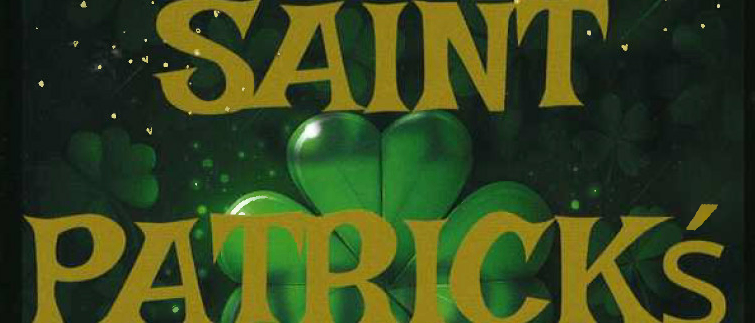 Ein Poster bewirbt eine Saint Patrick's Day-Party mit grünen Kleeblättern. Es zeigt Sondergäste, Band Na Mahones und Inis Beag, zusammen mit Irish Beat Factory.