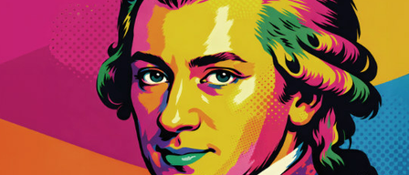 Werbeplakat für Mozartfest in Hallein mit einer illustrierten Porträt von Mozart. Das Ereignis findet am 5. April 2026 um 19:00 Uhr auf der Festspielbühne Hallein statt. Tickets sind online erhältlich.