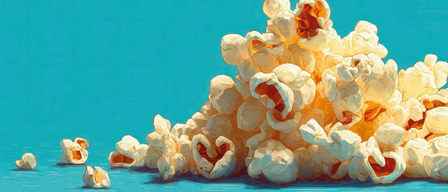 Ein großer Haufen gepoppter Popcorn liegt auf einem blauen Hintergrund, mit ein paar kleinen Stücken verstreut, die frisch und bereit zum Essen aussehen.