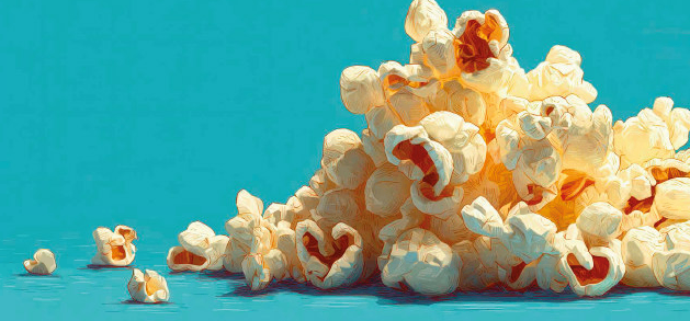 Ein großer Haufen gepoppter Popcorn liegt auf einem blauen Hintergrund, mit ein paar kleinen Stücken verstreut, die frisch und bereit zum Essen aussehen.