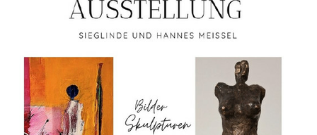 Eine Kunstausstellung mit Werken von Sieglinde und Hannes Meissle, darunter ein lebhaftes Gemälde und eine Bronzeskulptur. Das Gemälde zeigt eine Figur in einem weißen Kleid vor einem orangefarbenen und rosa Hintergrund. Die Skulptur ist eine nackte weibliche Figur.