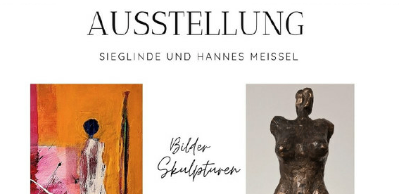 Eine Kunstausstellung mit Werken von Sieglinde und Hannes Meissle, darunter ein lebhaftes Gemälde und eine Bronzeskulptur. Das Gemälde zeigt eine Figur in einem weißen Kleid vor einem orangefarbenen und rosa Hintergrund. Die Skulptur ist eine nackte weibliche Figur.
