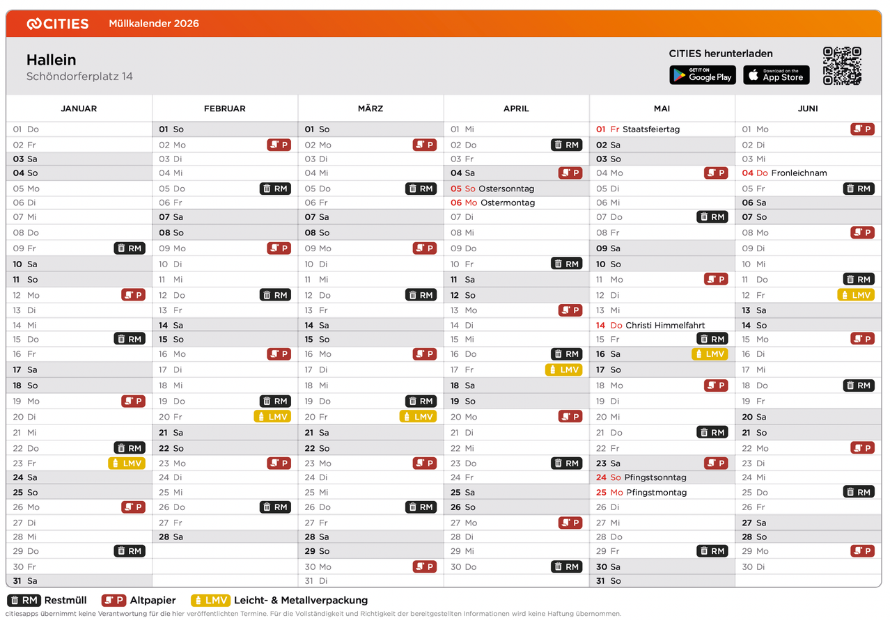 2026 Kalender mit Wochentagen und Feiertagen in verschiedenen Farben, sortiert nach Monaten. Es enthält Details wie 'P' für Sonntag, 'RM' für Montag und spezielle Feiertage wie 'Staatsfeiertag'. Der Kalender enthält auch Links zum Herunterladen von Apps.