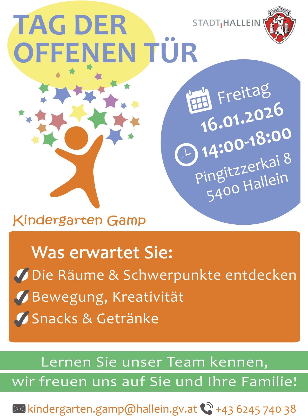 Ein Plakat für die Kindergarten Gamp Veranstaltung am Freitag, 16. Januar 2026, von 14:00 bis 18:00 Uhr. Ort: Pingitzzerkai 8, 5400 Hallein. Erwartete Aktivitäten umfassen das Erkunden der Räume, Aktivitäten, Snacks und Getränke. Lernen Sie unser Team kennen.