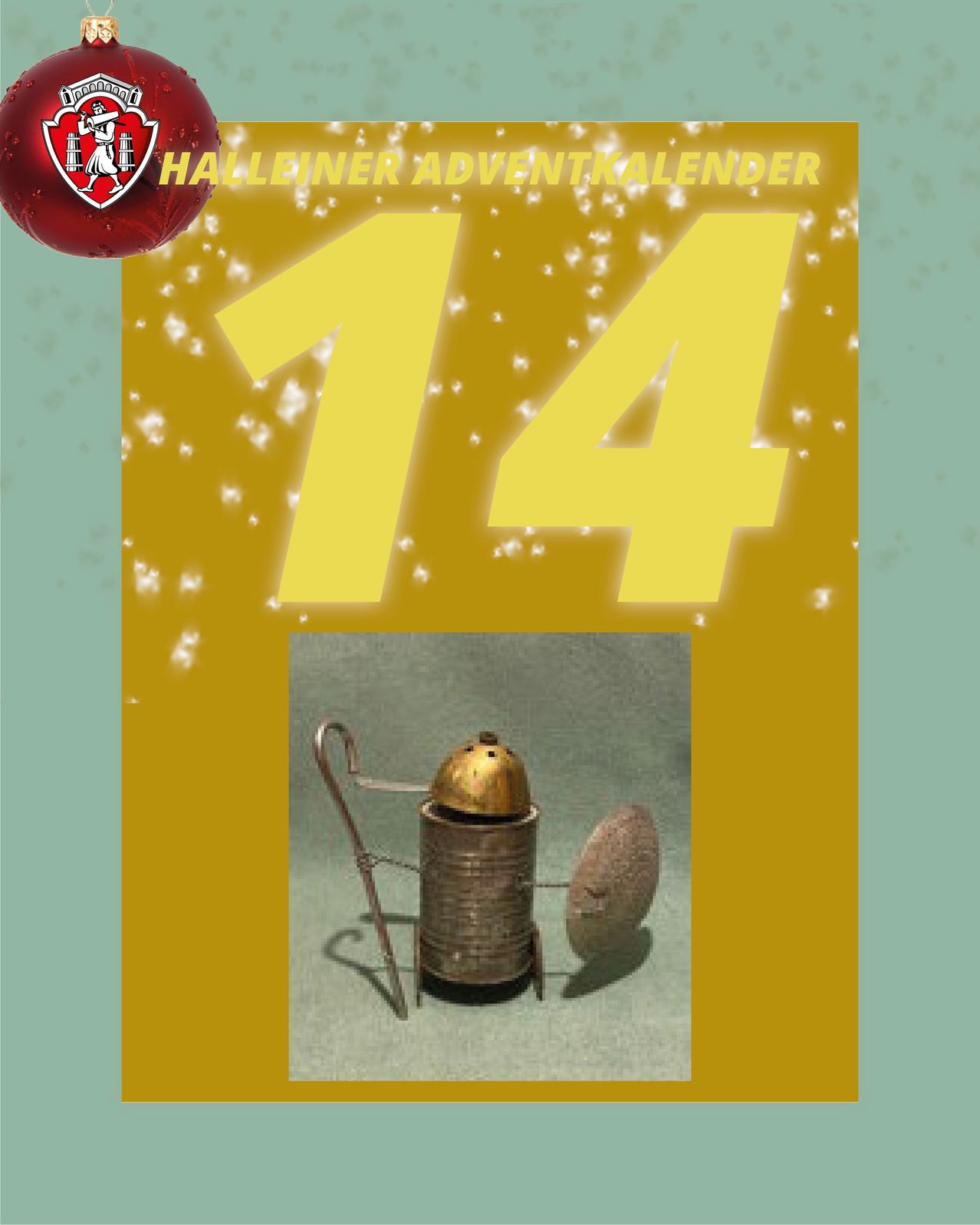 Das Bild zeigt einen gelben Hintergrund mit der prominenten Nummer 14. Ein roter Ball mit einem weißen Logo befindet sich oben. Unter der Nummer ist ein Bild einer Messinglaterne zu sehen.