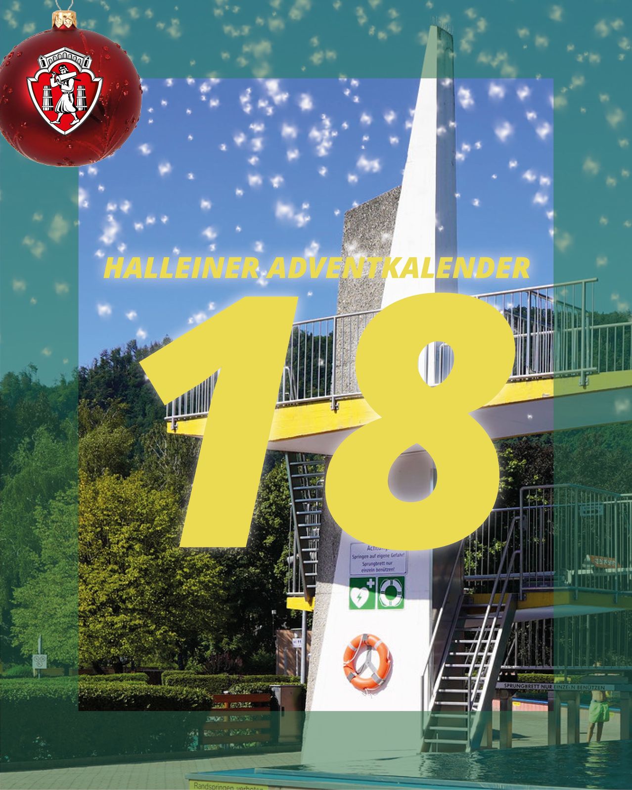 Das Cover des Halleiner Adventskalenders zeigt eine große Zahl 18, ein Gebäude mit einem Rettungsring und ein rotes Logo mit einer Silhouette einer Frau.
