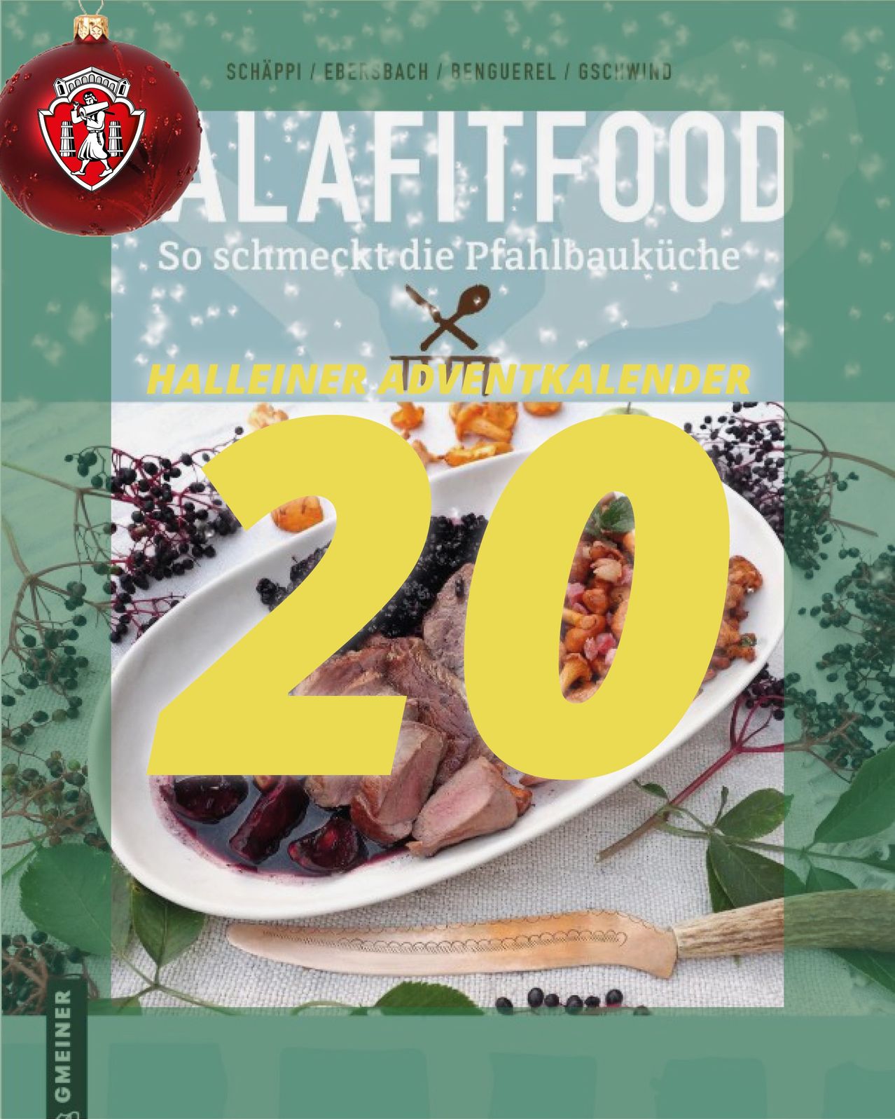 Ein Buchcover zeigt 'Alafiitfood' mit 'So schmeckt die Pfahlbauküche' und 'Halleiner Adventkalender 20'. Es zeigt ein Gericht mit Fleisch, Beeren und Nüssen auf einem weißen Teller.