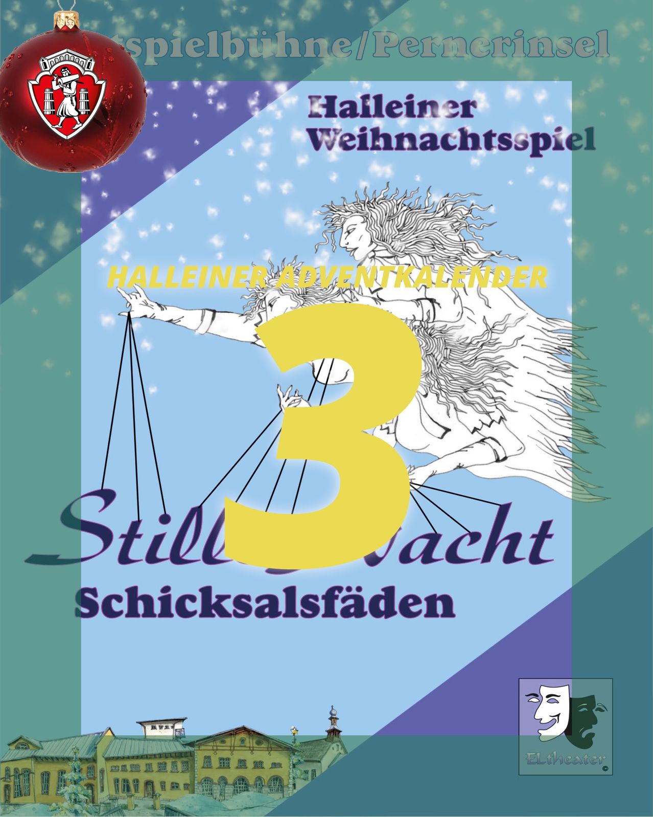 Plakat für den 'Halleiner Adventkalender' mit einer Frau mit langen Haaren, die eine Waage mit der Nummer drei hält. Das Plakat zeigt eine Stadtlandschaft im Hintergrund.