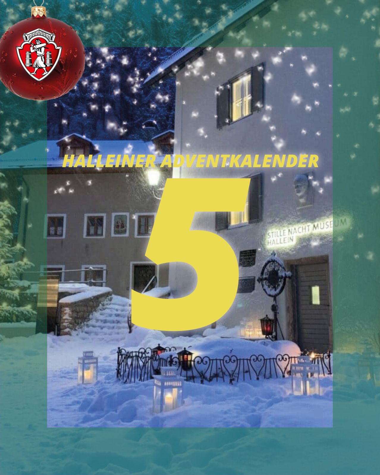 Ein Plakat für den Halleiner Adventskalender, das ein mit Schnee bedecktes Haus mit Lichtern und der großen Zahl fünf zeigt.