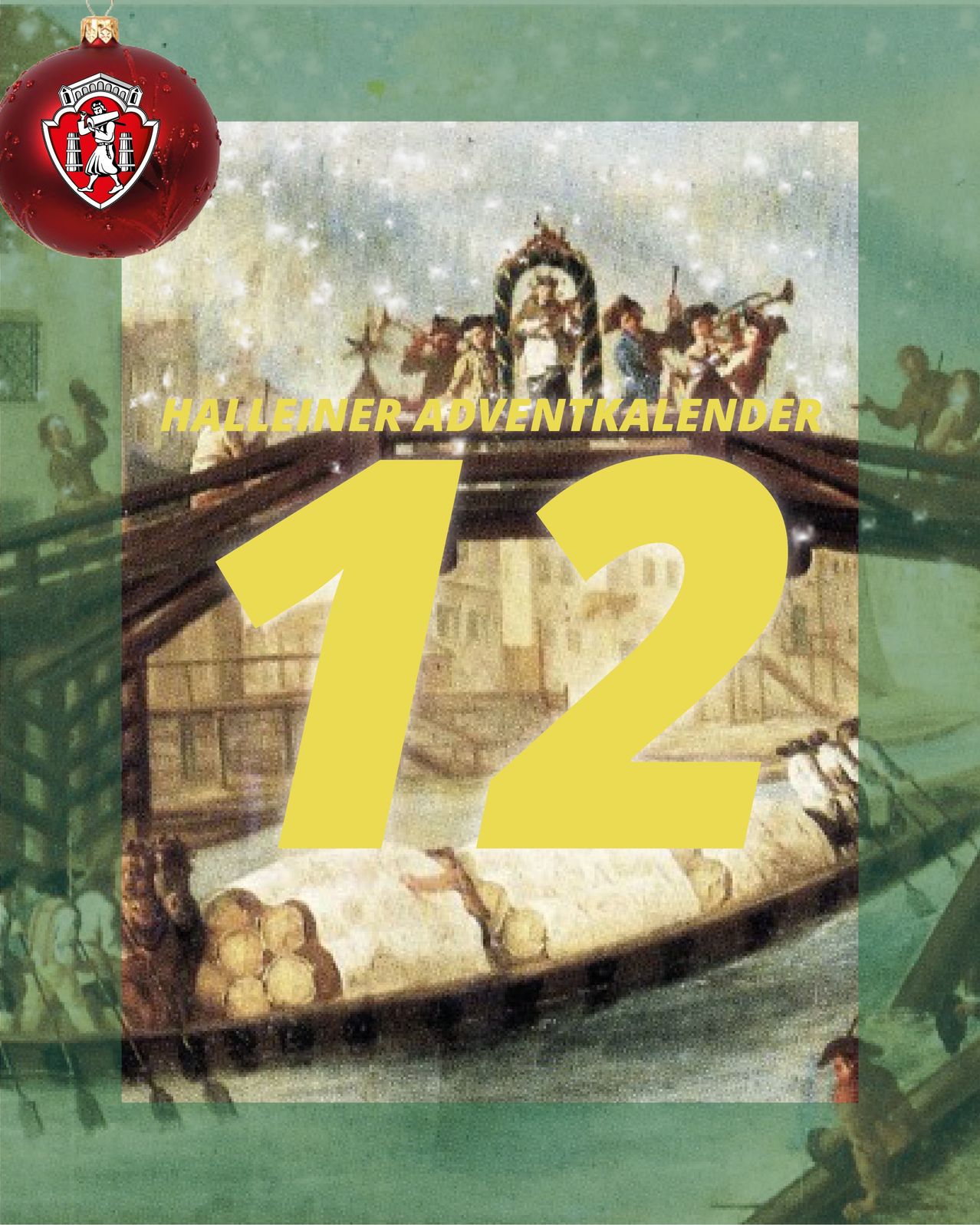 Ein Vintage-Bild eines Holzfloß, das Waren transportiert, mit einem roten Ball und einer Brücke im Hintergrund. Die Nummer 12 ist prominent in Gelb angezeigt.