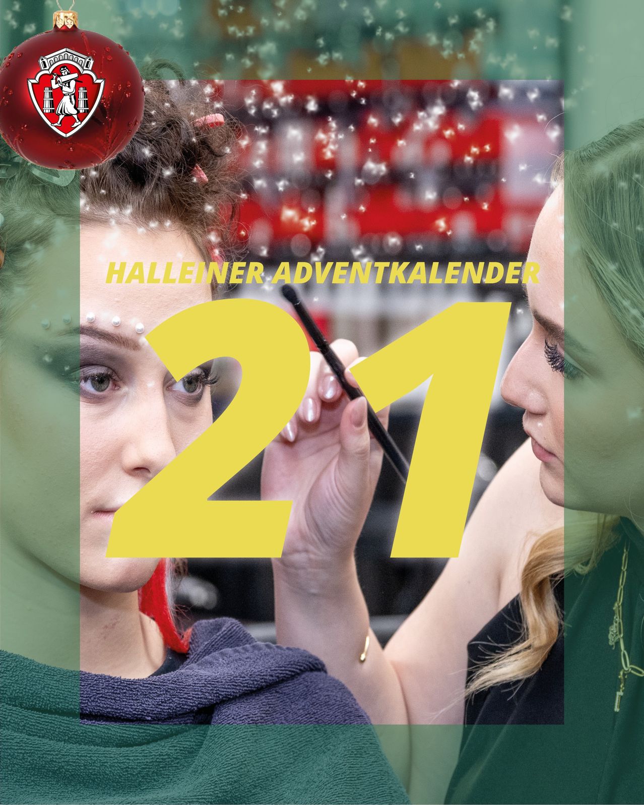 Das Bild zeigt eine junge Frau, die sich schminken lässt, mit der Nummer 21 im Vordergrund. Der Hintergrund ist unscharf, mit einem roten Logo und funkelnden Effekten.