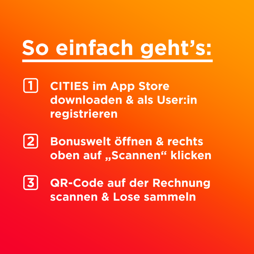 Eine dreistufige Anleitung auf orangem Hintergrund. Schritt 1: Lade CITIES im App Store herunter und registriere dich als Benutzer. Schritt 2: Öffne die Bonuswelt und klicke auf 'Scannen'. Schritt 3: Scanne den QR-Code auf der Rechnung und sammle Punkte.