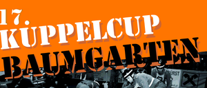 Plakat für die Veranstaltung 'Kuppelcup Baumgarten' am 28.03.2026. Es zeigt ein Team von Arbeitern in Vintage-Kleidung, die an einer Maschine arbeiten. Schlagwörter sind 'elektronische Zeitnahme', 'Leinwandübertragung' und 'Dammbewertung'. Es ist eine BAM-Party.