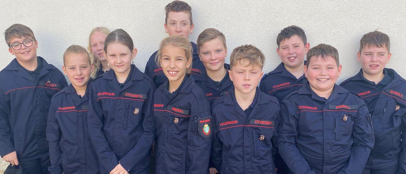 Eine Gruppe junger Personen, die gleiche dunkelblaue Uniformen tragen, posiert für ein Foto. Sie stehen vor einer hellen Wand, mit ihren Händen in verschiedenen Positionen.