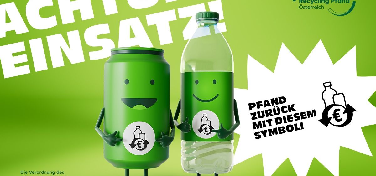 Eine Werbung zeigt zwei lächelnde grüne Behälter mit einem Pfandsymbol. Einer ist eine Dose und der andere eine Flasche. Der Hintergrund ist grün.