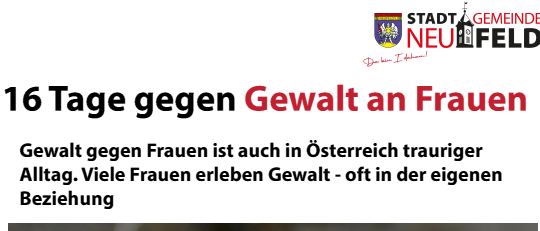 Plakat für eine Kampagne gegen Gewalt an Frauen, die eine Frau mit roter Schnur zeigt. Die Kampagne beinhaltet eine Fahne, eine Filmvorführung und eine Gemeinderatssitzung am 25. November 2025 um 18:00 in Neufeld.