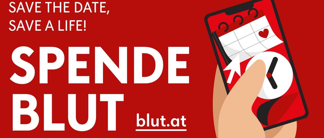 Ein Plakat für eine Blutspendeveranstaltung am 4. Oktober 2025 in Neufeld an der Leitha. Die Veranstaltung findet von 10:00 bis 12:00 Uhr und von 13:00 bis 17:00 Uhr statt. Informationen und Terminbuchung sind unter blut.at verfügbar. Ein QR-Code ist für den schnellen Zugriff vorhanden.
