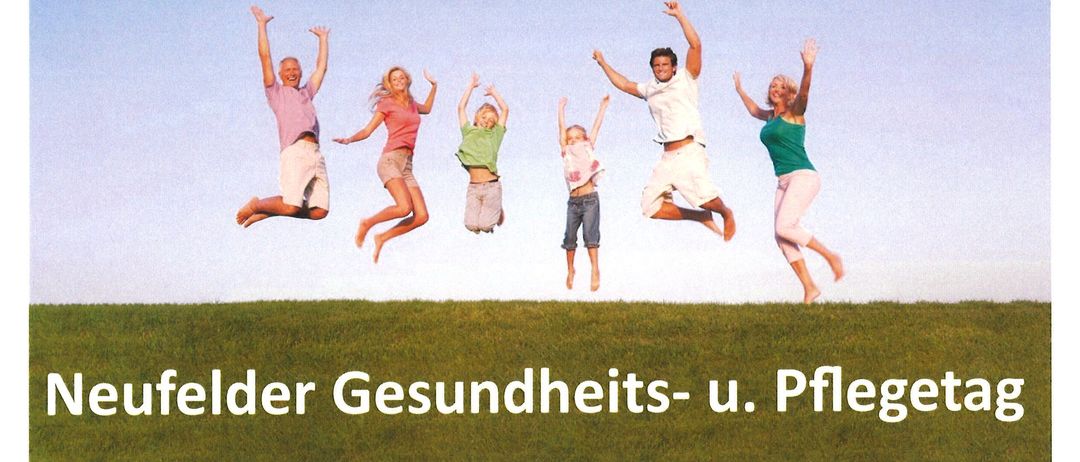 Plakat für den Neufelder Gesundheits- und Pflegetag am 4. Oktober 2025. Veranstaltung beinhaltet Blutspende und Aktivitäten von 10:00-12:00 und 13:00-17:00. Veranstaltungsort ist Kulturzentrum Dr. Fred Sinowatz, Neufeld. Mehrere Logos sind unten vorhanden.