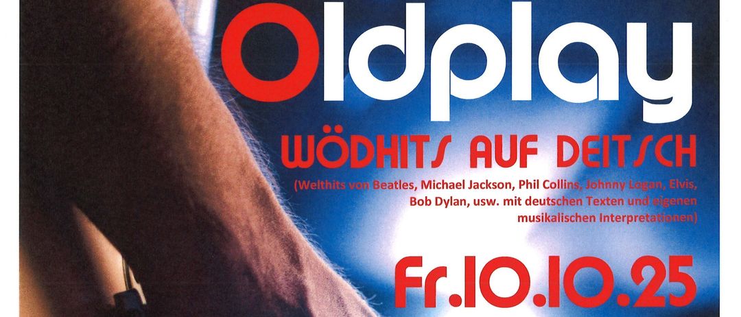 Plakat für ein Konzert mit dem Titel 'WöHIts auf Deutsch'. Zeigt eine Hand, die eine Gitarre spielt, mit einer Silhouette eines tanzenden Paares. Es enthält Datum, Uhrzeit und Namen der Künstler. Die Veranstaltung wird von der Stadt Gemeinde Neufeld organisiert.