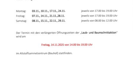 A flyer for the "Herbst 2025" leaf and tree cutting action. It will take place in November. For the upcoming dates, you can drop off your leaf and tree cutting during the opening hours of the waste collection center (Bauhof) free of charge. The flyer includes specific dates and times for collection on Mondays, Fridays, and Saturdays.
