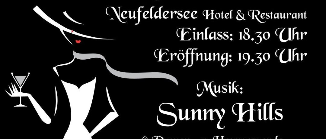 Eine Einladung zur Silvesterparty im Neufeldersee Hotel & Restaurant, veranstaltet vom Bürgermeister Michael Lampel. Beginn um 18:30 Uhr, Eröffnung um 19:30 Uhr. Musik von Sunny Hills. Angebote beinhalten Geschenke für Damen und Herren, Mitternachtseinlage, Reisetombola, kostenlose Shuttle-Service und Eröffnung von Neufelder für junge Damen und Herren. Tickets kosten 25 Euro. Anmeldung nur nach Vereinbarung.