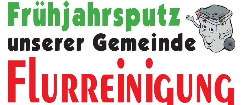 Eine Werbung für eine Gemeindereinigungsaktion namens 'Flurrreinigung' am Samstag, 21. März 2026, in Neufeld. Ein Ersatztermin ist der 28. März 2026. Die Veranstaltung beginnt um 8:45 Uhr am Bahnhof Neufeld. Die Gemeinde zielt darauf ab, das Gebiet aufzuräumen, gefolgt von einem Grillfest.