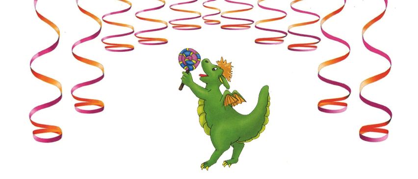 Ein Plakat zeigt einen Drachen, der einen Lollipop hält, umgeben von bunten Luftschlangen. Der Text lautet 'Faschingsumzug der VS Neufeld' mit einem Zeitplan von 09:30 bis 10:30 entlang der Hauptstraße.