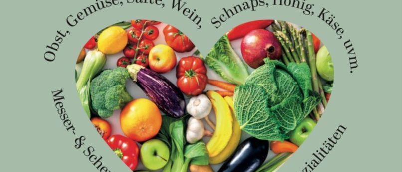 Ein Plakat für den Neufeld Markt mit einer herzförmigen Collage von Gemüse, Obst und anderen Lebensmitteln. Es steht 'Obst, Gemüse, Säfte, Wein, Schnaps, Honig, Käse, umv.' und 'Hauptplatz Neufeld.'