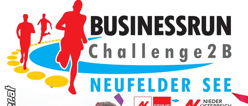 Ein Plakat für das Challenge 2B Neufelder See Event zeigt drei Läuferinnen in pinken, blauen und weißen Trikots, in einer fröhlichen Atmosphäre mit Konfetti. Das Event findet am 21. Mai 2026 um 18:00 statt und feiert sein 10-jähriges Jubiläum.