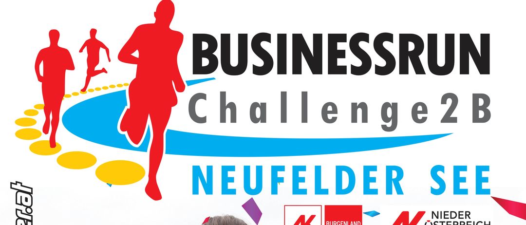 Ein Plakat für das Challenge 2B Neufelder See Event zeigt drei Läuferinnen in pinken, blauen und weißen Trikots, in einer fröhlichen Atmosphäre mit Konfetti. Das Event findet am 21. Mai 2026 um 18:00 statt und feiert sein 10-jähriges Jubiläum.
