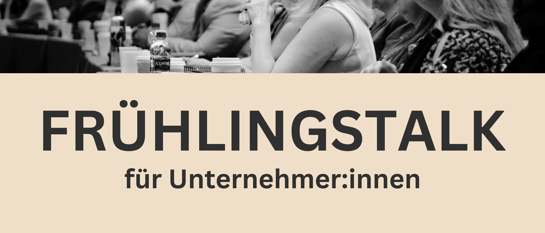 Ein Schwarz-Weiß-Bild zeigt ein Meeting mit Mag. Sigrid Hajek und Michael Krenn. Der Text lautet 'Fruhlingstalk für Unternehmer:innen', Datum: 20. April, Zeit: 19:00, Ort: Neufeldersee Hotel & Restaurant.
