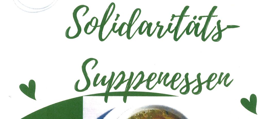 Plakat für Suppendonations-Event. Eine Schüssel Suppe auf einem Teller. Freie Spende. Datum: 24.04.2026. Zeit: 11:00-14:00 Uhr. Ort: KUZ Neufeld.