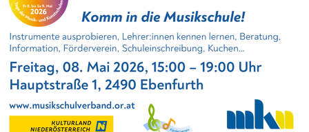 Plakat für einen Tag der offenen Tür. Ein Mann und ein Junge spielen Trompete. Veranstaltungsdetails auf Deutsch. Datum: 08. Mai 2026, 15:00 - 19:00 Uhr, Hauptstraße 1, 2490 Ebenfurth.
