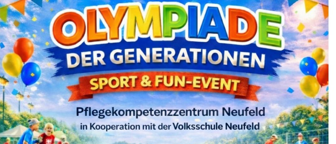 Plakat für eine Generationensport- und Spaßveranstaltung am 12. Juni 2026 um 10 Uhr am Sportplatz Neufeld. Zeigt ein Bild von Erwachsenen und Kindern, die Sport treiben. Enthält Logos für Samariterbund Burgenland und Lollipops-Volksschule.
