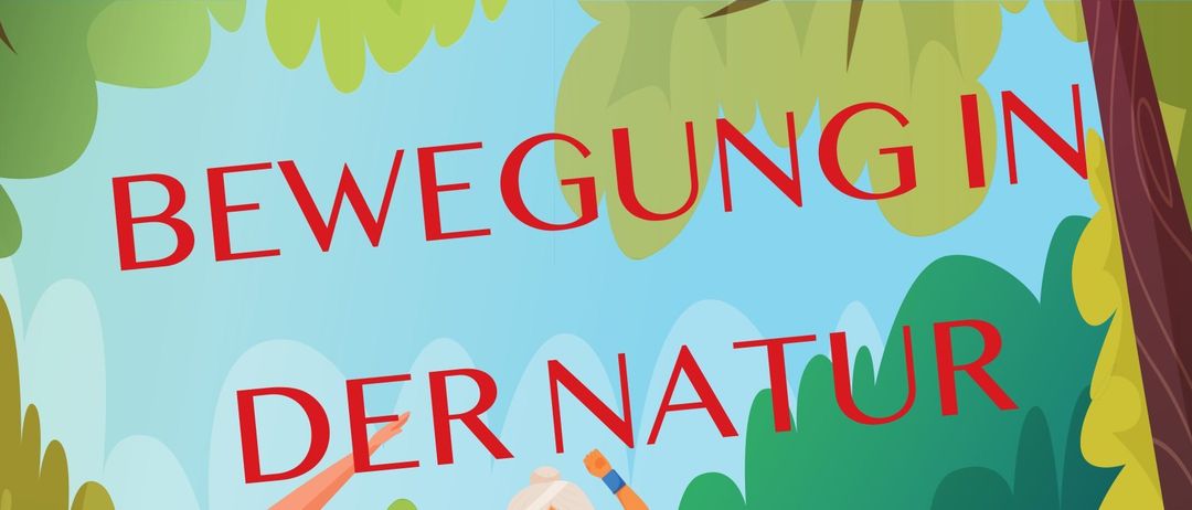 Gruppe älterer Menschen trainiert im Park. Der Plakattext lautet 'Der Natur'. Zeitplan: Jeden Mittwoch um 9:00 Uhr. Gastgeber: Stadtgemeinde Neufeld.