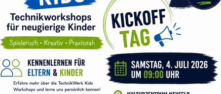 TechniWerk Kids Workshops für neugierige Kinder. Samstag, 4. Juli 2026, um 9 Uhr. Erfahren Sie mehr über die Workshops und lernen Sie das Team kennen! Jetzt anmelden!