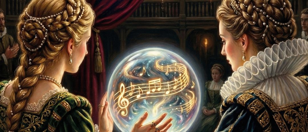 Plakat für das Musical 5 Event, mit zwei Frauen, Noten in einer Kristallkugel, vor historischem Hintergrund. Datum: 20.11.2026, Zeit: 19:30 Uhr.
