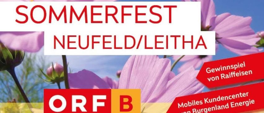 Plakat für eine Veranstaltung am 7. August 2026 mit einem farbenfrohen Blumenhintergrund, Text auf Deutsch und Details über eine Radioband, Moderation von Sebastian Györg und ein Fotobox-Programm.