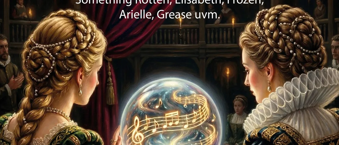 Plakat für eine musikalische Veranstaltung mit zwei Frauen in historischen Kostümen, eine hält eine leuchtende Kugel mit Noten. Die Veranstaltung trägt den Titel 'Un Musical 5' und enthält Highlights aus verschiedenen Musicals. Datum und Uhrzeit der Veranstaltung sind unten angegeben.