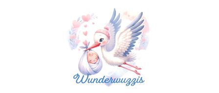 An image of a stork carrying a baby in a basket, with a text overlay that reads 'Liebe Eltern! When a baby is born, our world is turned upside down. The joy of a new wonder can be just as overwhelming as the concerns that come with it. I have founded the 'Wunderwuzzlis' mother-child consultation to answer as many of these questions as possible. The community of Neufeld on the Leitha offers this service free of charge.'