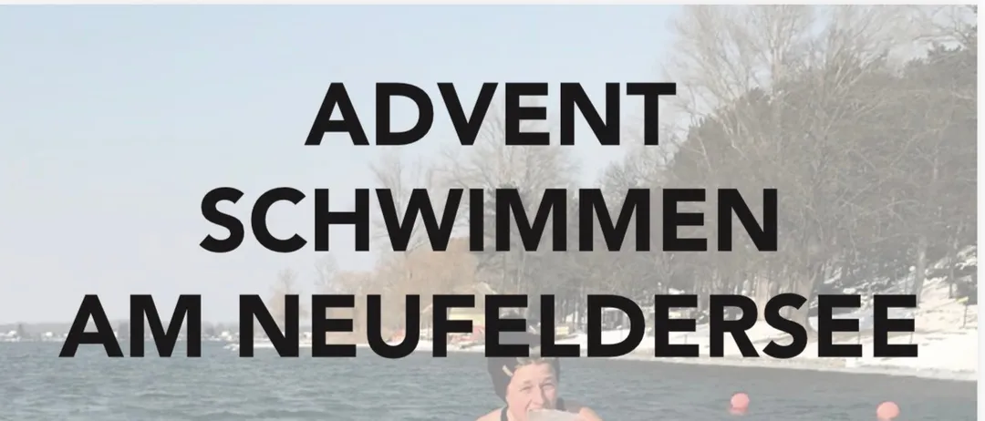 Eine Werbung für ein Schwimmevent am Neufelder See am 5. Dezember 2026 um 15:00 Uhr. Eine Frau steht im Wasser und hält einen Becher. Die Veranstaltung erfordert eine obligatorische Anmeldung.