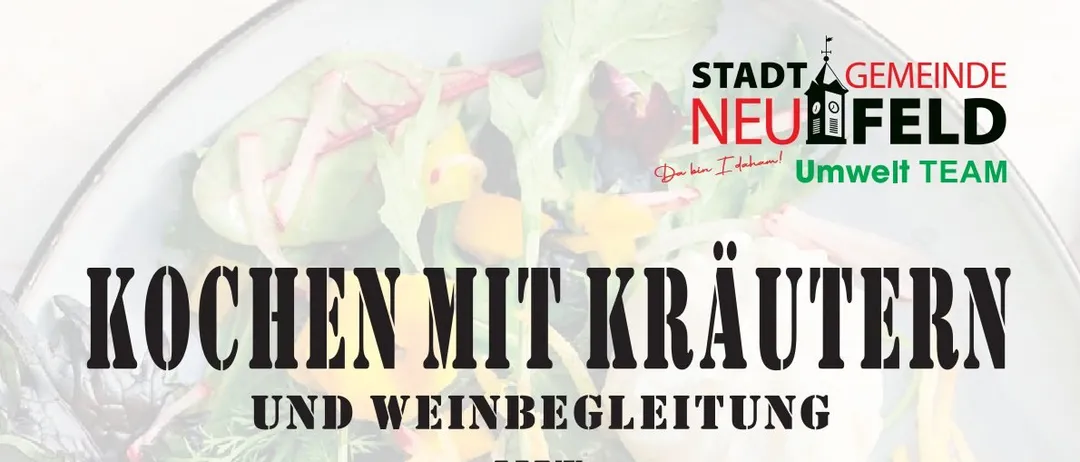 Plakat für einen Kochkurs mit Kräutern und Weinbegleitung, veranstaltet von Gabi, am 17. Oktober um 9 Uhr in der Küche der NMS-Neufeld. Anmeldung für maximal 20 Personen.