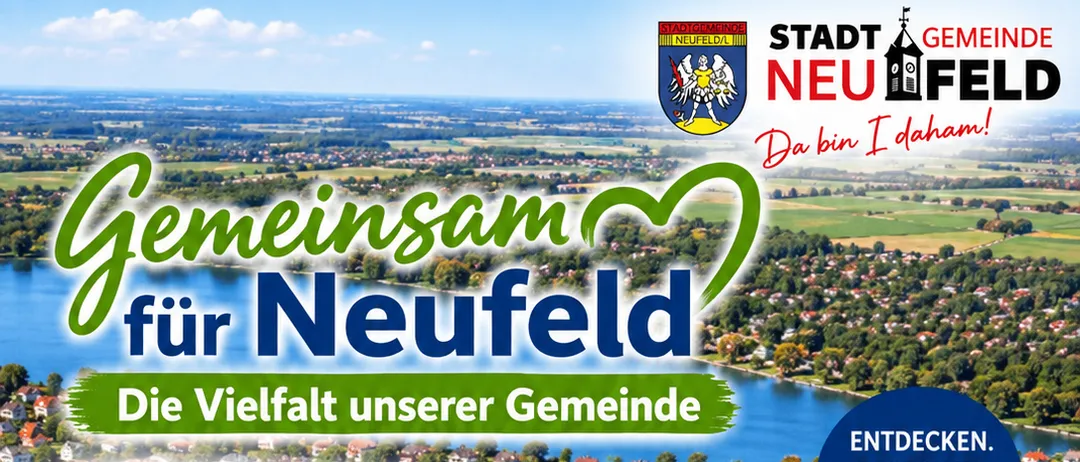 Plakat für eine Gemeinschaftsveranstaltung in Neufeld, Deutschland, die verschiedene Aspekte der Gemeinde zeigt, einschließlich Sport, Kultur, Musik, soziale Gruppen, Unternehmen und regionalen Betrieben. Die Veranstaltung ist für den 2. Oktober 2026 von 17:30 bis 20:30 Uhr geplant.