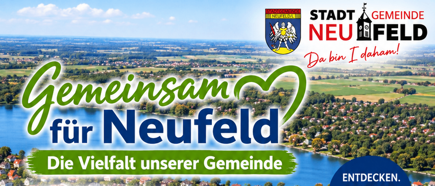 Plakat für eine Gemeinschaftsveranstaltung in Neufeld, Deutschland, die verschiedene Aspekte der Gemeinde zeigt, einschließlich Sport, Kultur, Musik, soziale Gruppen, Unternehmen und regionalen Betrieben. Die Veranstaltung ist für den 2. Oktober 2026 von 17:30 bis 20:30 Uhr geplant.