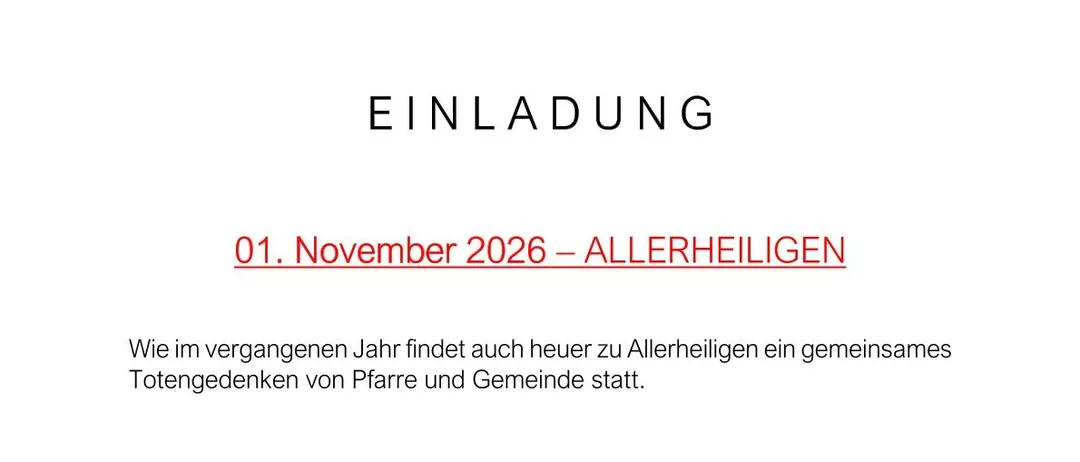 Ein Dokument mit dem Titel 'EINLADUNG' auf Deutsch, es scheint eine Einladung zu einer Gedenkfeier am 1. November 2026 in Allerheiligen zu sein.