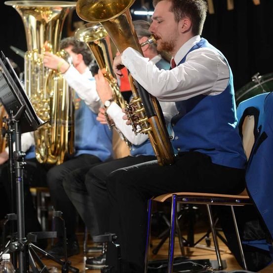 Bild enthält, Horn, Musical Instrument, Tuba, Adult, Male, Man, Person, Group Performance, Music Band, Wristwatch